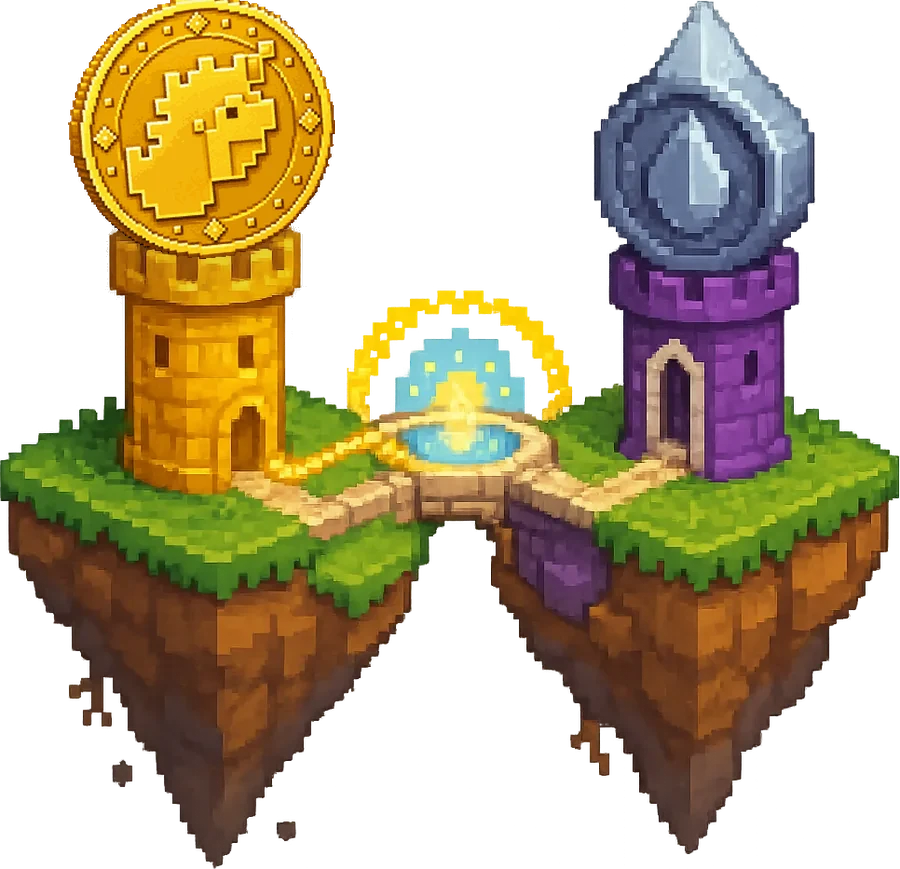 Two floating islands, a gold coin tower and a crystal coin tower, joined by a bridge of golden light