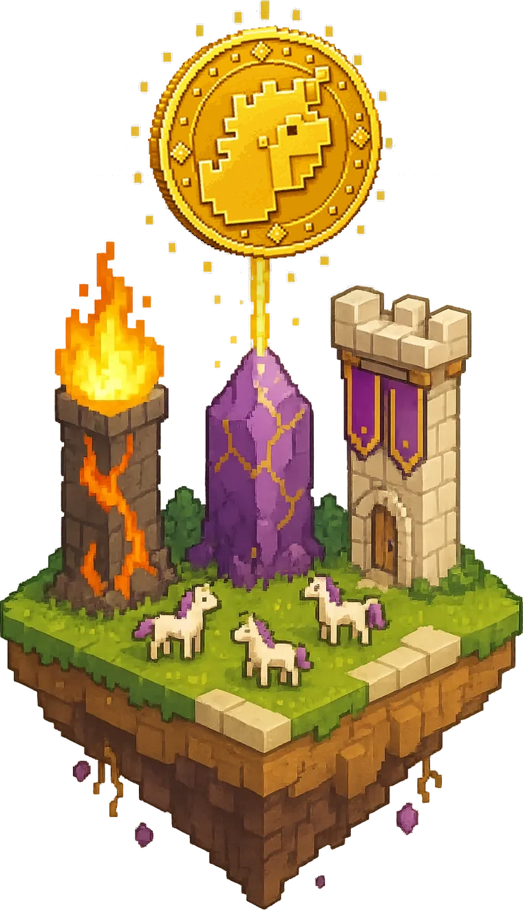 Three pillars — fire, crystal and a kingdom tower — lifting a giant gold $uGold coin above a floating pixel island